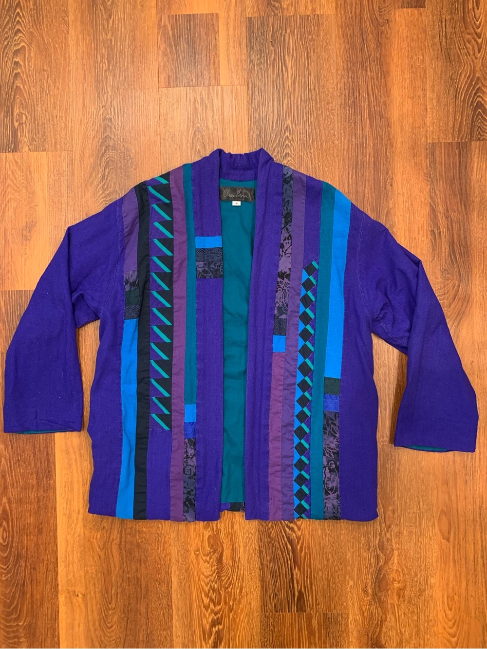 ANNA BROWN Patchwork Cardigan Jacket Size M Jewel Tone Mosaic Textile Art Boho